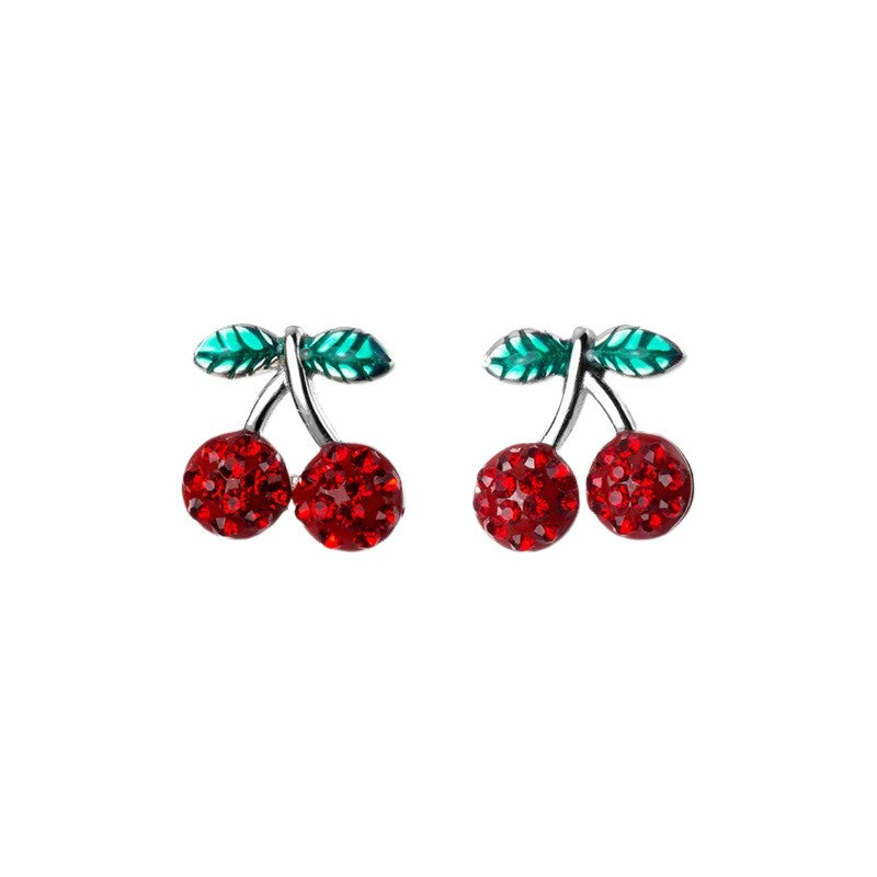 ANYCO Fashion Earrings Genuine Sterling Silver Romantic Sweet Red Zircon Cherry Fruit Studs For Girls Accessory Jewelry