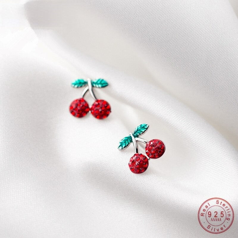 ANYCO Fashion Earrings Genuine Sterling Silver Romantic Sweet Red Zircon Cherry Fruit Studs For Girls Accessory Jewelry
