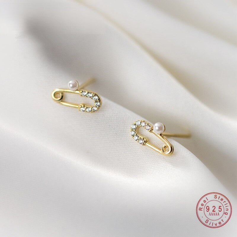 ANYCO Fashion Earrings Chic Small Pave Zircon Paper Clip Pin Stud Genuine Sterling Silver Jewelry Gift for Women