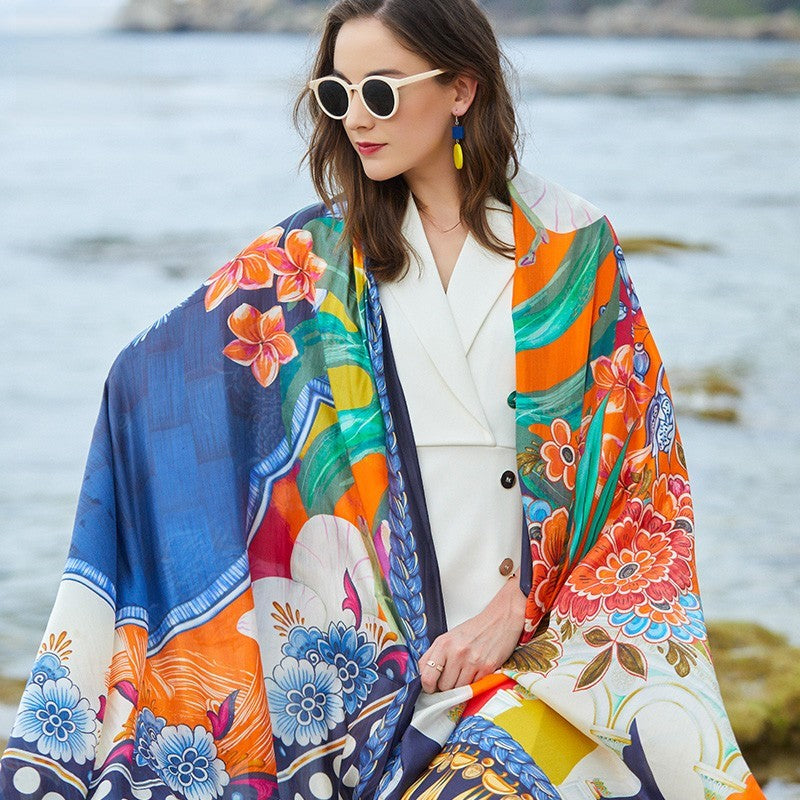 Anyyou 100% Mulberry Silk Blue Long Scarf Luxury Brand Women Beach Shawl Wear Swimwear Pashimina Face Shield Foulard