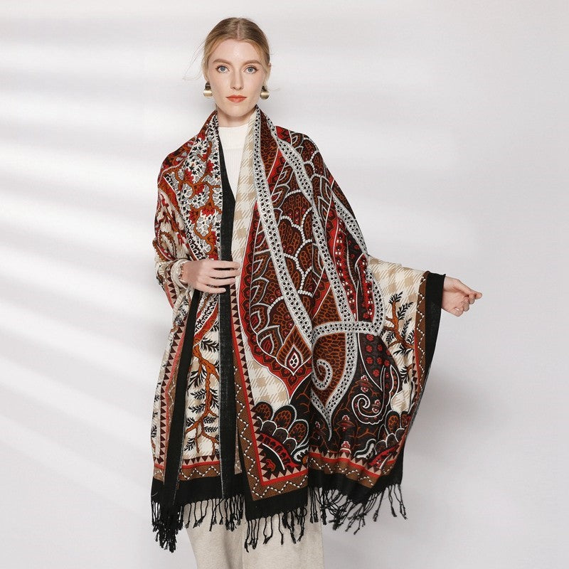 Anyyou 100% Merino Wool Black Dark Brown Symbolic Patterns Silk Satin Large Winter Scarf Pashmina Shawl Bandana Perfect For Women Ladies Fashion Style