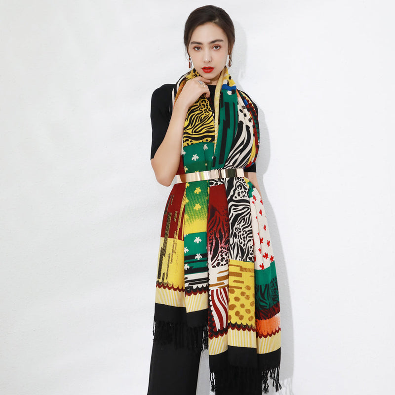 Anyyou 100% Merino Wool Yellow Multipattern  Silk Satin Large Winter Scarf Pashmina Shawl Bandana Perfect For Women Ladies Fashion Style