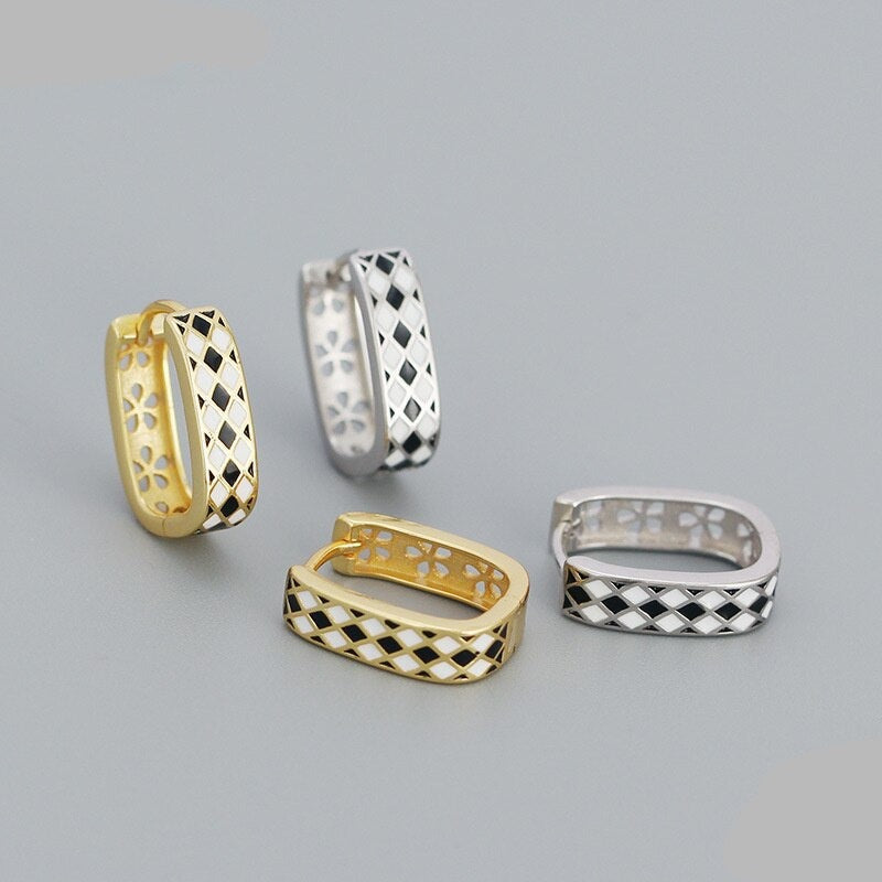 ANYCO Hoop Fashion Earrings Statement Checkerboard Enamel Ear Buckle Women Charms Punk Party Jewelry Gold