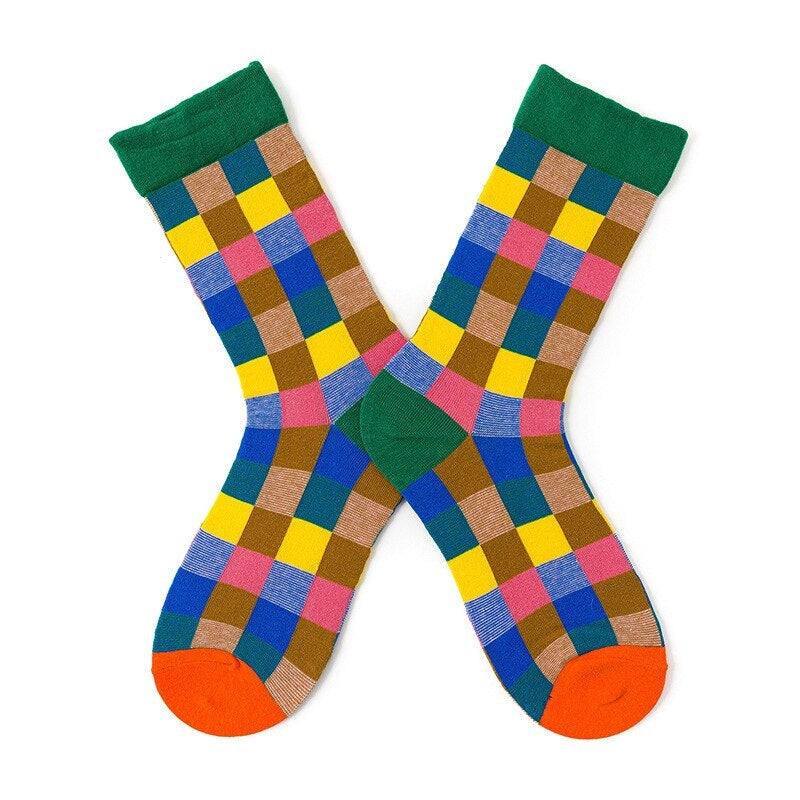 Anyfootwear 5 Pairs Size 5-9 Fashion Socks Combed Cotton Art Multi Color Checkered Abstract Oil Painting Novelty Happy Funny Christmas Gift for Women