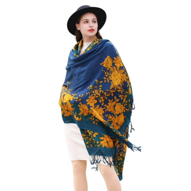 Anyyou 100% Merino Wool Yellow Blue Royal  Silk Satin Large Winter Scarf Pashmina Shawl Bandana Perfect For Women Ladies Fashion Style