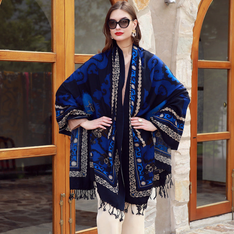 Anyyou 100% Merino Wool Ocean Blue Neck Wrap Silk Satin Large Winter Scarf Pashmina Shawl Bandana Perfect For Women Ladies Fashion Style