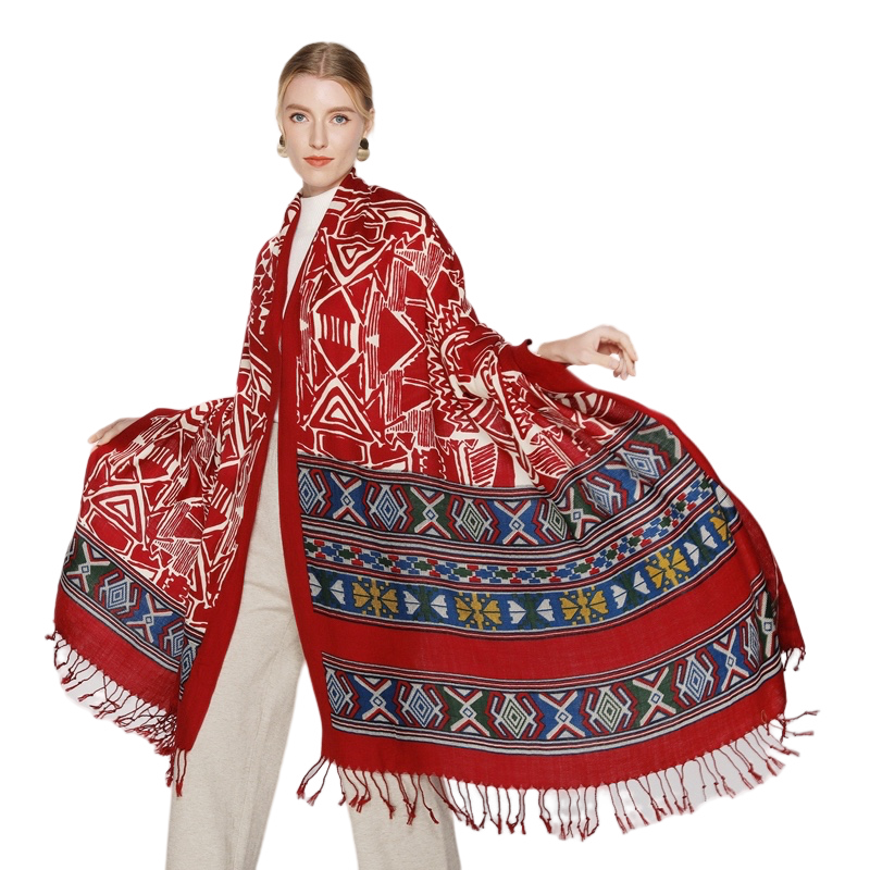 Anyyou 100% Merino Wool Red Aztec Chic  Silk Satin Large Winter Scarf Pashmina Shawl Bandana Perfect For Women Ladies Fashion Style
