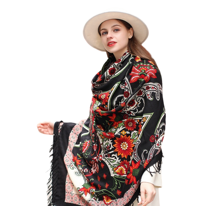 Anyyou 100% Merino Wool Black Silk Satin Floral  Silk Satin Large Winter Scarf Pashmina Shawl Bandana Perfect For Women Ladies Fashion Style