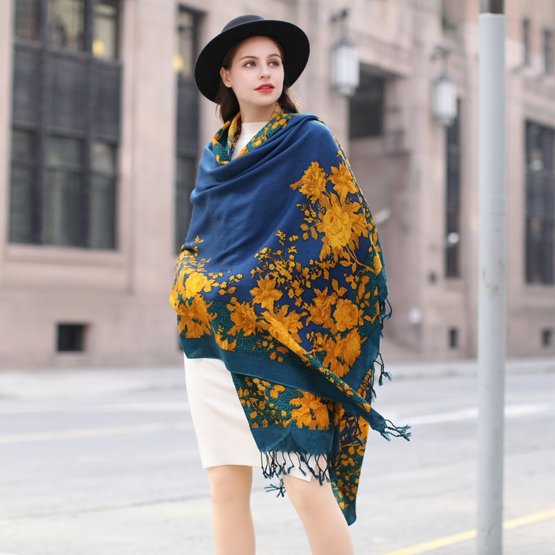 Anyyou 100% Merino Wool Yellow Blue Royal  Silk Satin Large Winter Scarf Pashmina Shawl Bandana Perfect For Women Ladies Fashion Style