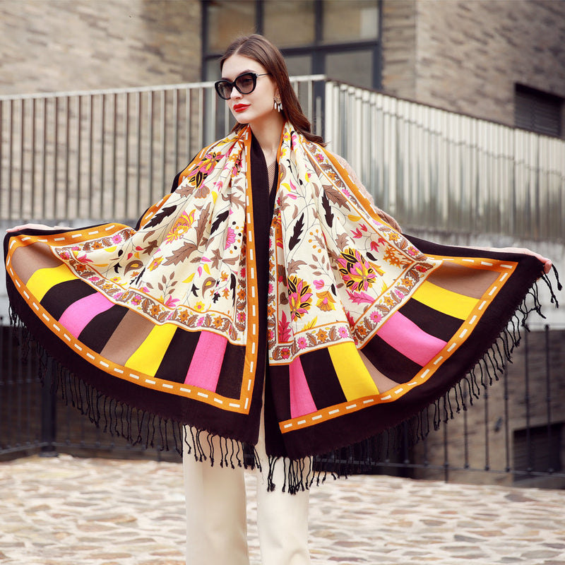 Anyyou 100% Merino Wool Beige Neck Wrap Silk Satin Large Winter Scarf Pashmina Shawl Bandana Perfect For Women Ladies Fashion Style