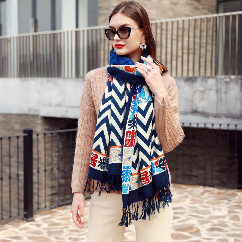 Anyyou 100% Merino Wool Blue Chevron Neck Wrap Silk Satin Large Winter Scarf Pashmina Shawl Bandana Perfect For Women Ladies Fashion Style