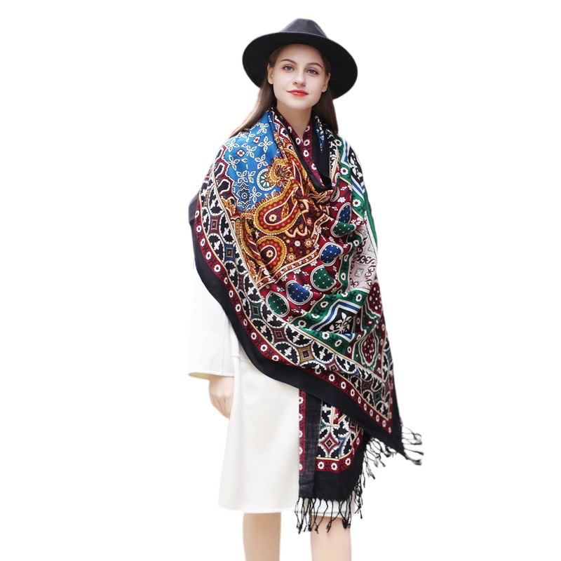 Anyyou 100% Merino Wool Black Multipatterns  Silk Satin Large Winter Scarf Pashmina Shawl Bandana Perfect For Women Ladies Fashion Style