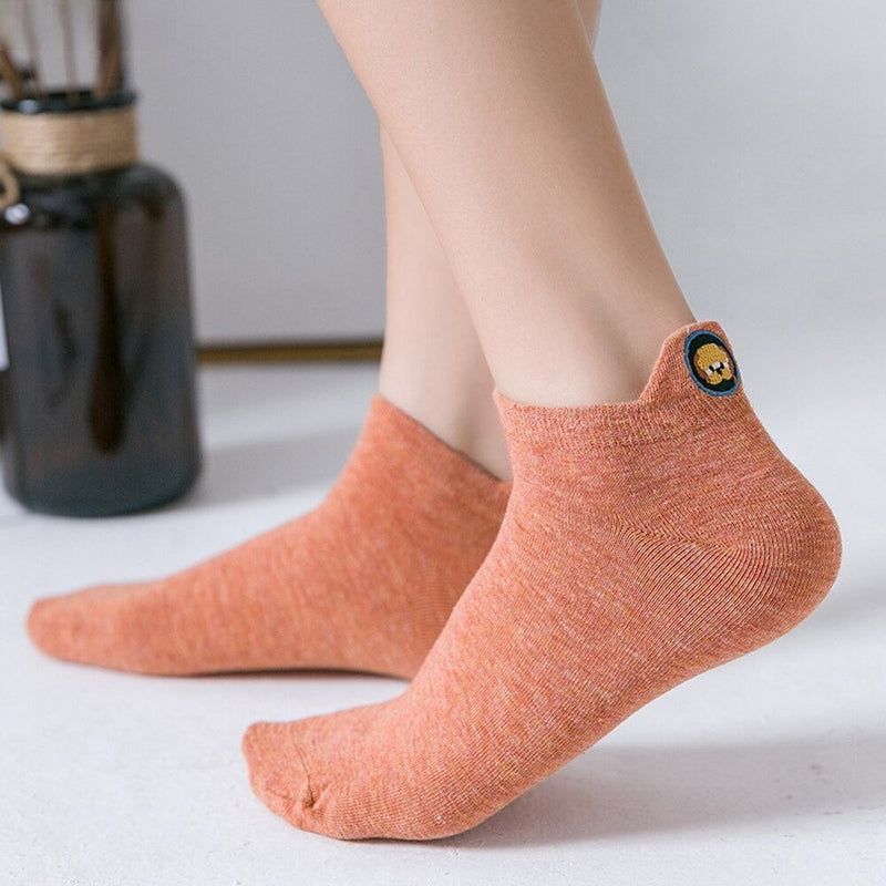 Anyfootwear 5 Pairs One Size 4-5 Khaki Fashion Funny Unisex Stereoscopic Heel Embroidered Women Candy Color Cotton Short Cute Socks