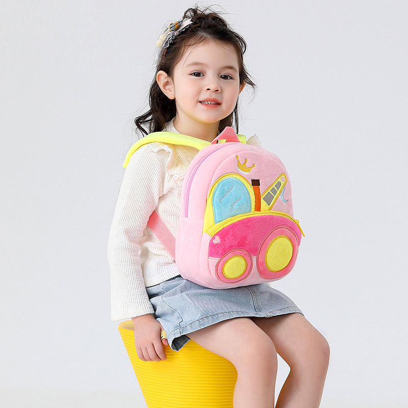 ANYKIDZ  3D Pink Crane School Backpack Cute Vehicle With Cartoon Designs Children Toddler Plush Bag For Baby Girls and Boys