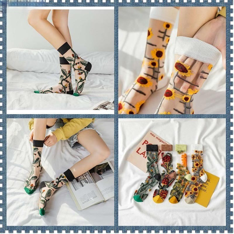 Anyfootwear 5 Pairs Yellow Green Size 5-9 Sock Harajuku Crystal Silk Tide Socks With Flower Vines Comfortable To Wear Prefect For Women