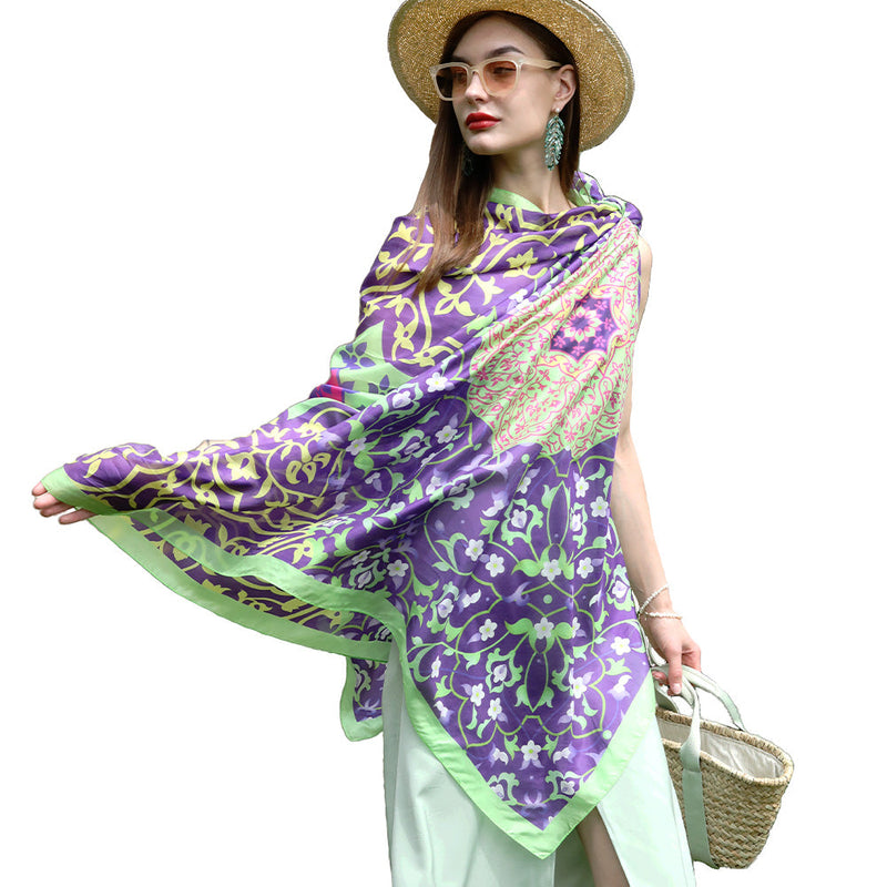 Anyyou 100% Mulberry Silk Purple And Green Long Scarf Luxury Brand Women Beach Shawl Wear Swimwear Pashimina Face Shield