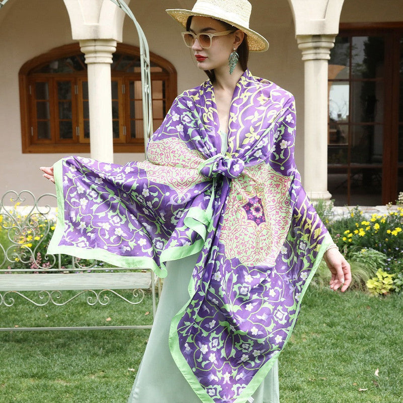 Anyyou 100% Mulberry Silk Purple And Green Long Scarf Luxury Brand Women Beach Shawl Wear Swimwear Pashimina Face Shield