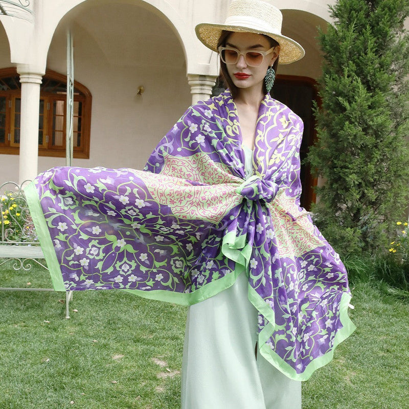 Anyyou 100% Mulberry Silk Purple And Green Long Scarf Luxury Brand Women Beach Shawl Wear Swimwear Pashimina Face Shield