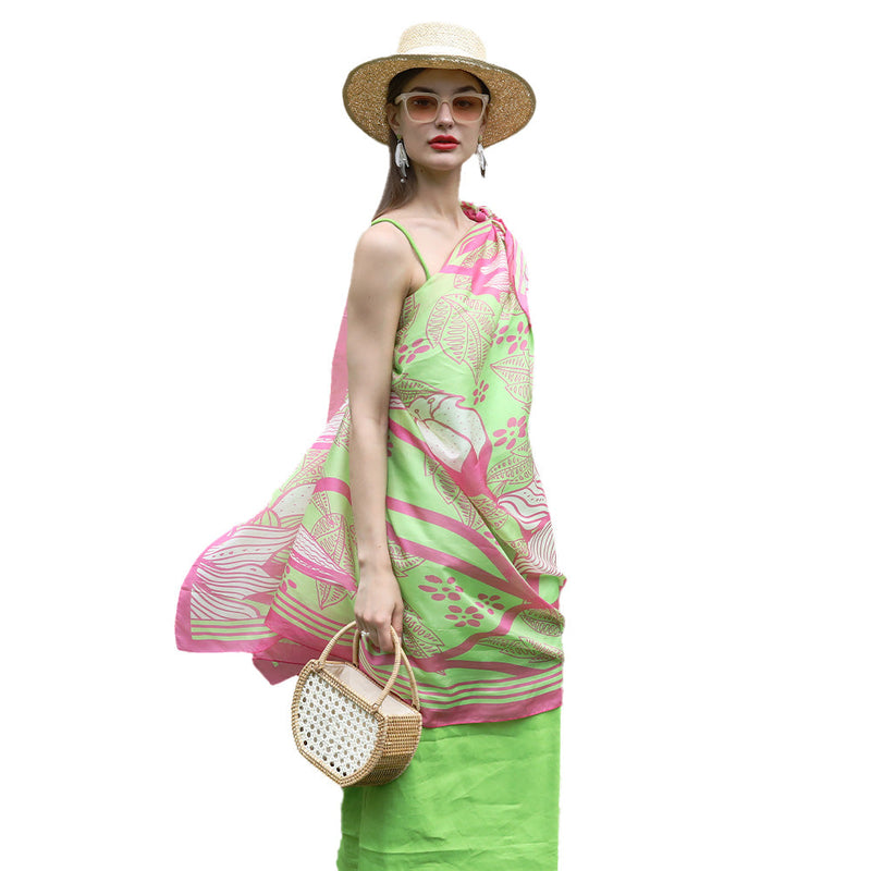 Anyyou 100% Mulberry Silk Pink And Green Long Scarf Luxury Brand Women Beach Shawl Wear Swimwear Pashimina Face Shield Foulard