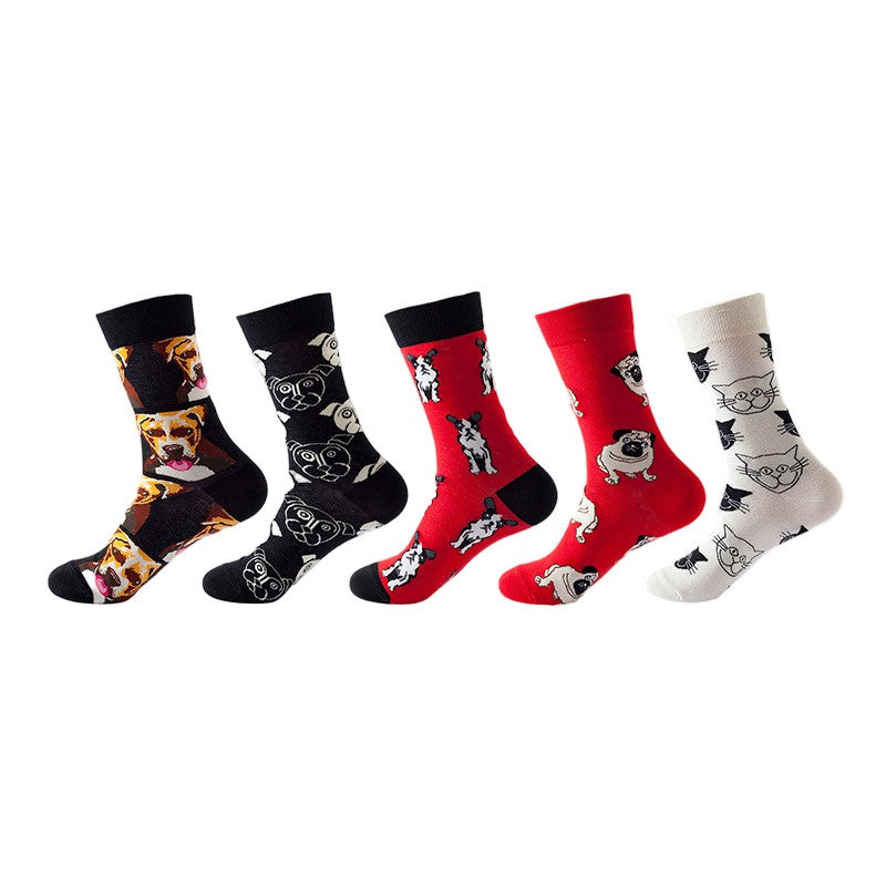 Anyfootwear 5 Pairs One Size 5-11 Mixed Color Set Christmas Socks Cotton Fashion Dog and Cat Woman Skateboard Oil Paitiing