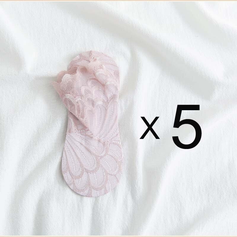 Anyfootwear 5 Pairs One Size 4-5 Light Brown Ankle Socks With Lace Peacock Flower Design