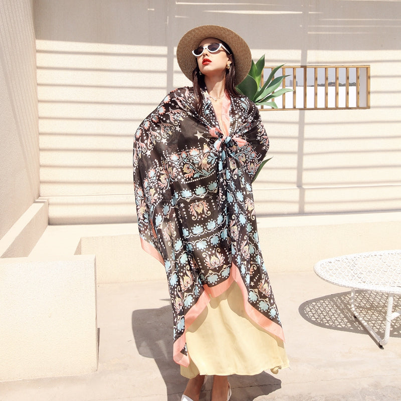 Anyyou 100% Mulberry Silk Black Long Scarf Luxury Brand Women Beach Shawl Wear Swimwear Pashimina Face Shield Foulard