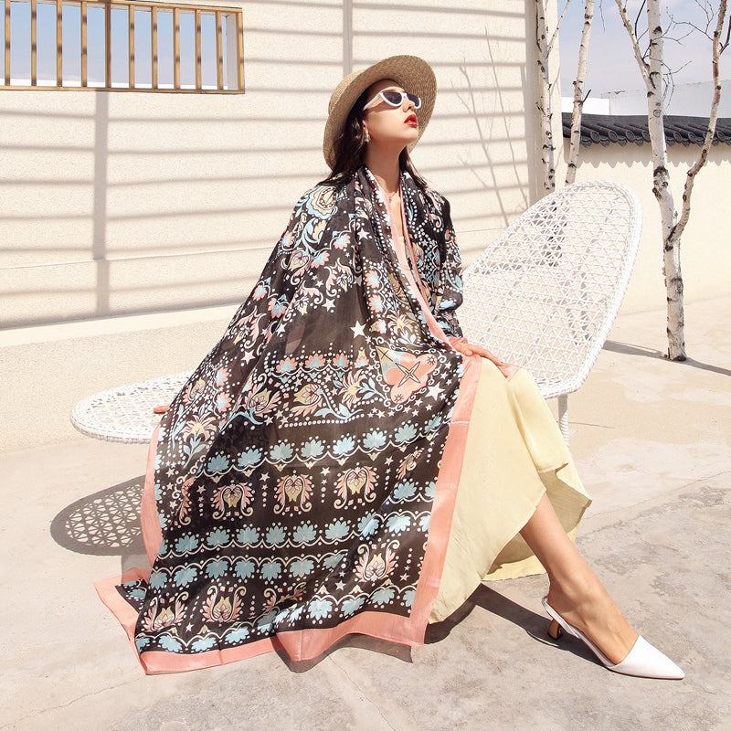 Anyyou 100% Mulberry Silk Black Long Scarf Luxury Brand Women Beach Shawl Wear Swimwear Pashimina Face Shield Foulard