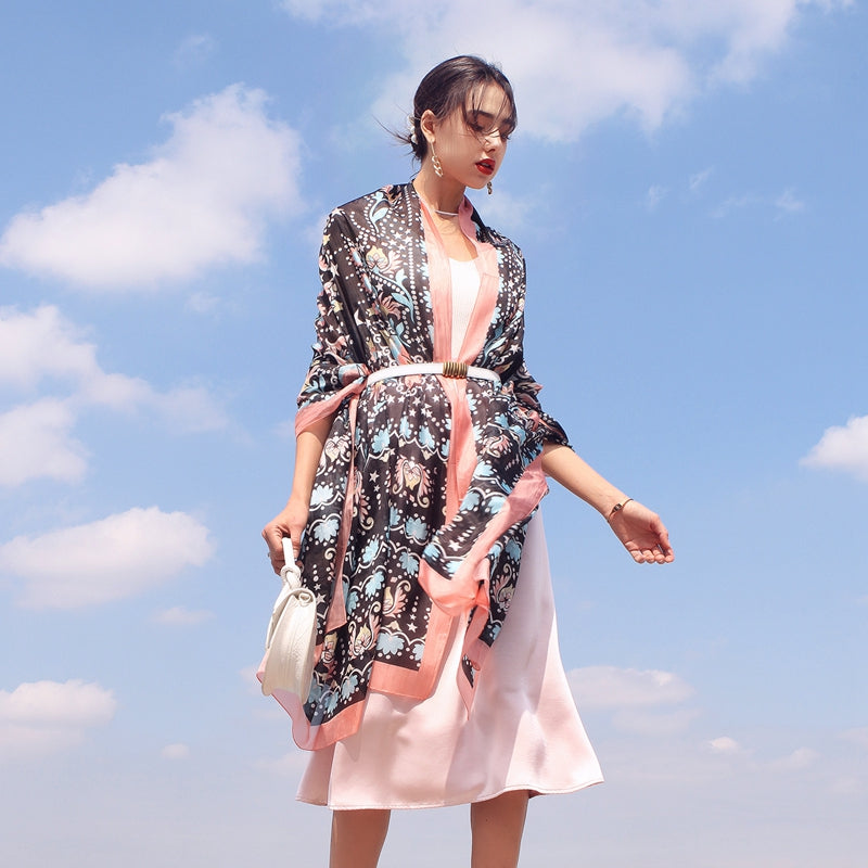 Anyyou 100% Mulberry Silk Black Long Scarf Luxury Brand Women Beach Shawl Wear Swimwear Pashimina Face Shield Foulard