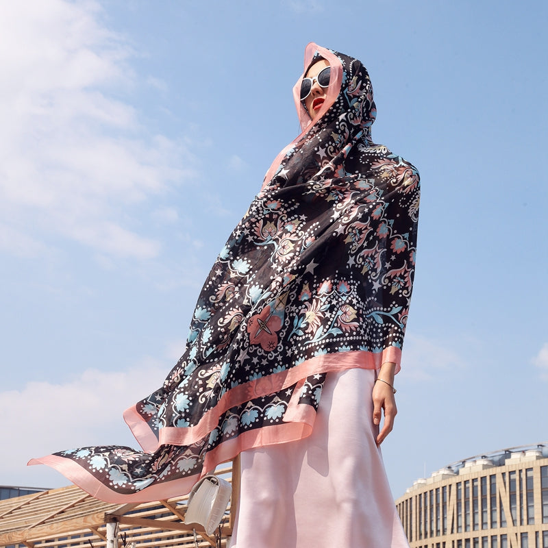 Anyyou 100% Mulberry Silk Black Long Scarf Luxury Brand Women Beach Shawl Wear Swimwear Pashimina Face Shield Foulard