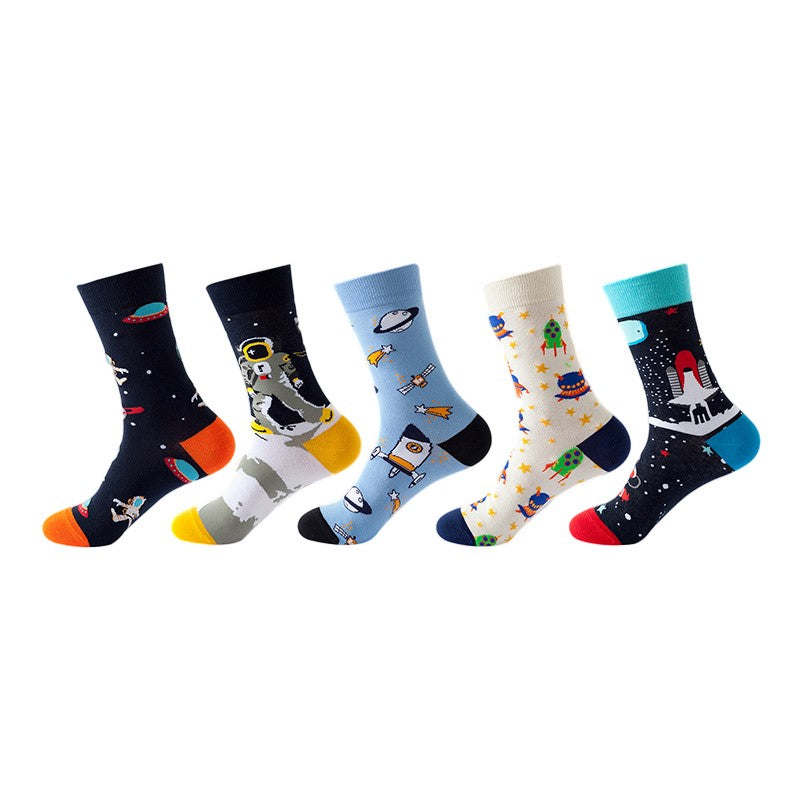 Anyfootwear 5 Pairs One Size 5-11 Mixed Color Set Christmas Socks Cotton Fashion Space Craft Woman Skateboard Oil Paitiing
