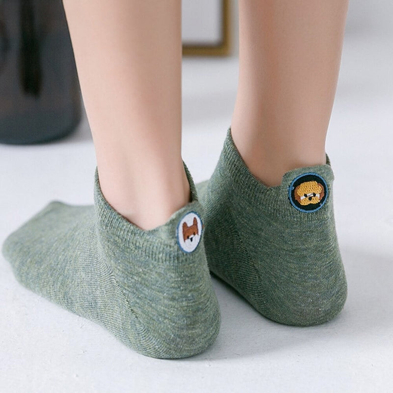 Anyfootwear 5 Pairs One Size 4-5 Khaki Fashion Funny Unisex Stereoscopic Heel Embroidered Women Candy Color Cotton Short Cute Socks