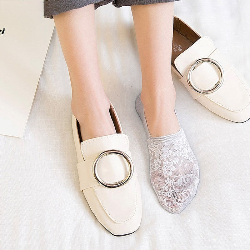 Anyfootwear 5 Pairs Size 5-9 Fashion Socks Lace Flower Style Breathable Antiskid Invisible Ankle Socks for Women Beige