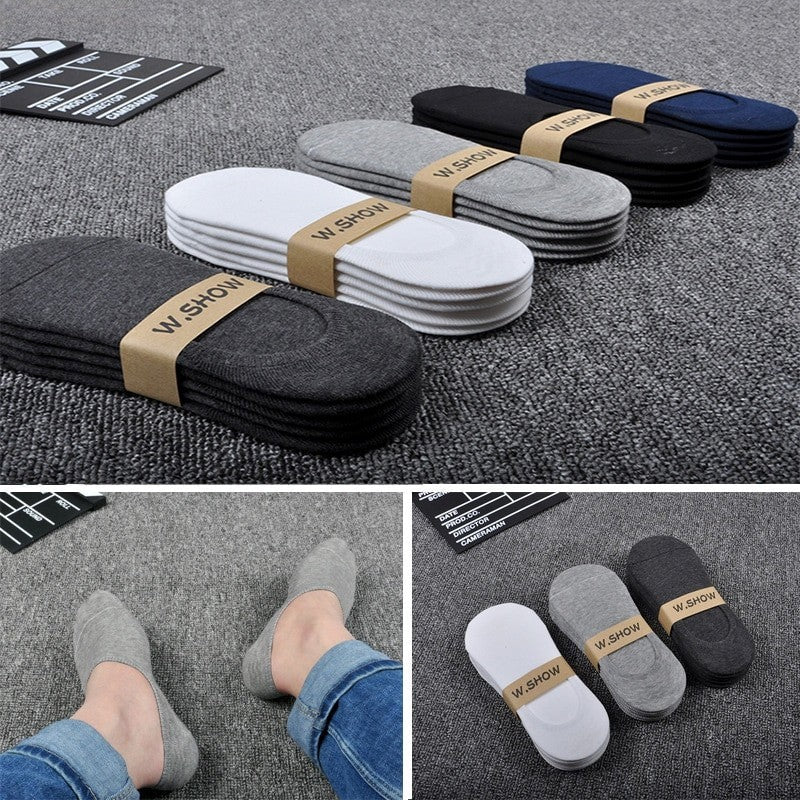 Anyfootwear 5 Pairs Size 4-9 Grey Boat Socks Summer Thin Invisible Cotton Non-Slip Silicone Breathable Pure Color For Men