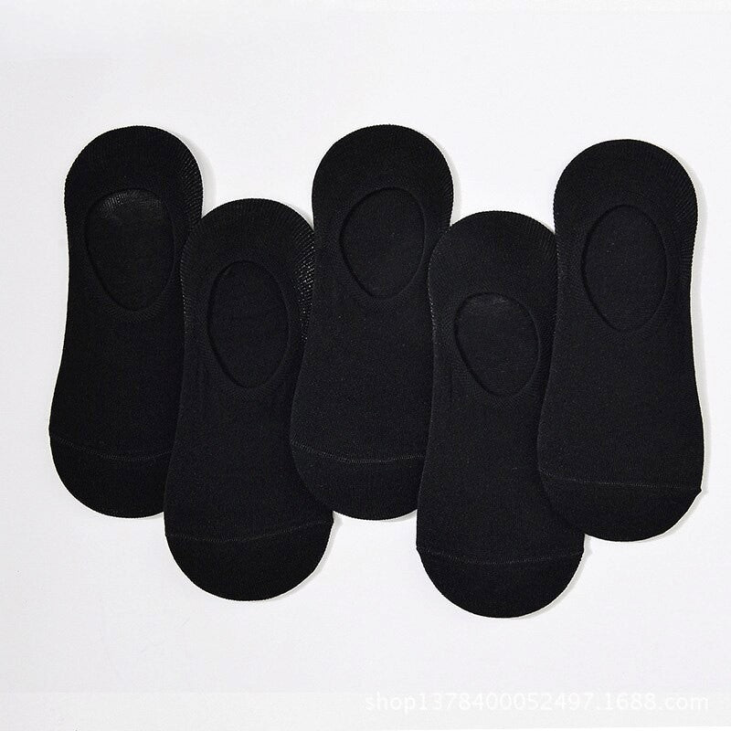 Anyfootwear 5 Pairs Size 4-9 Black Boat Socks Summer Thin Invisible Cotton Non-Slip Silicone Breathable Pure Color For Men