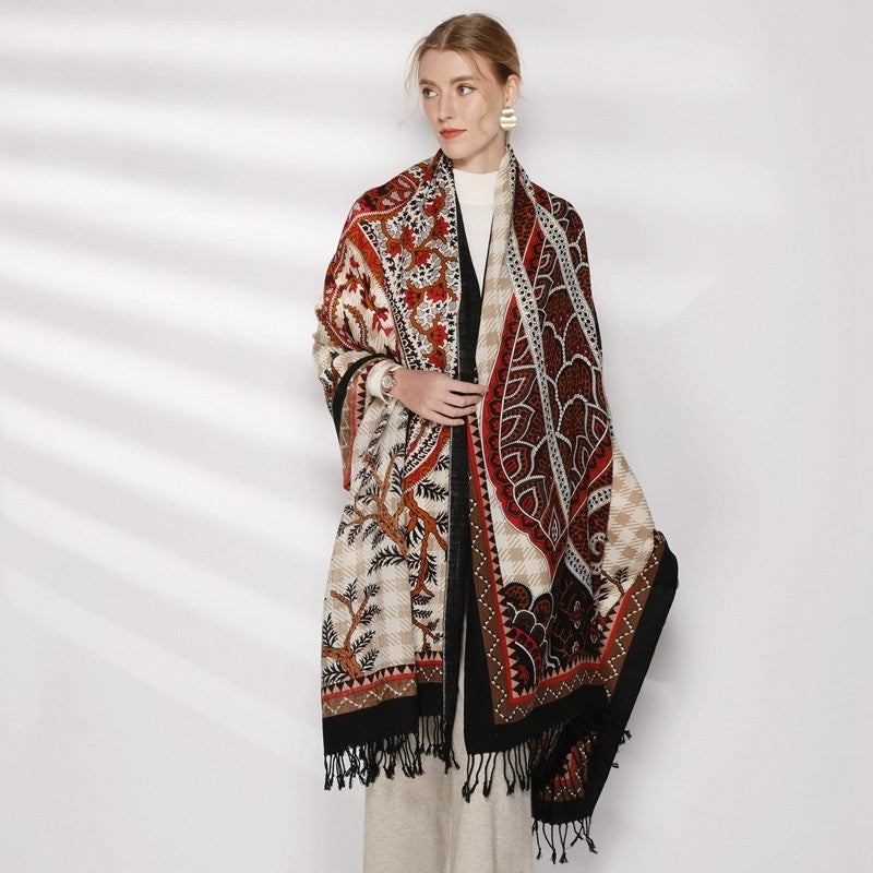 Anyyou 100% Merino Wool Black Dark Brown Symbolic Patterns Silk Satin Large Winter Scarf Pashmina Shawl Bandana Perfect For Women Ladies Fashion Style