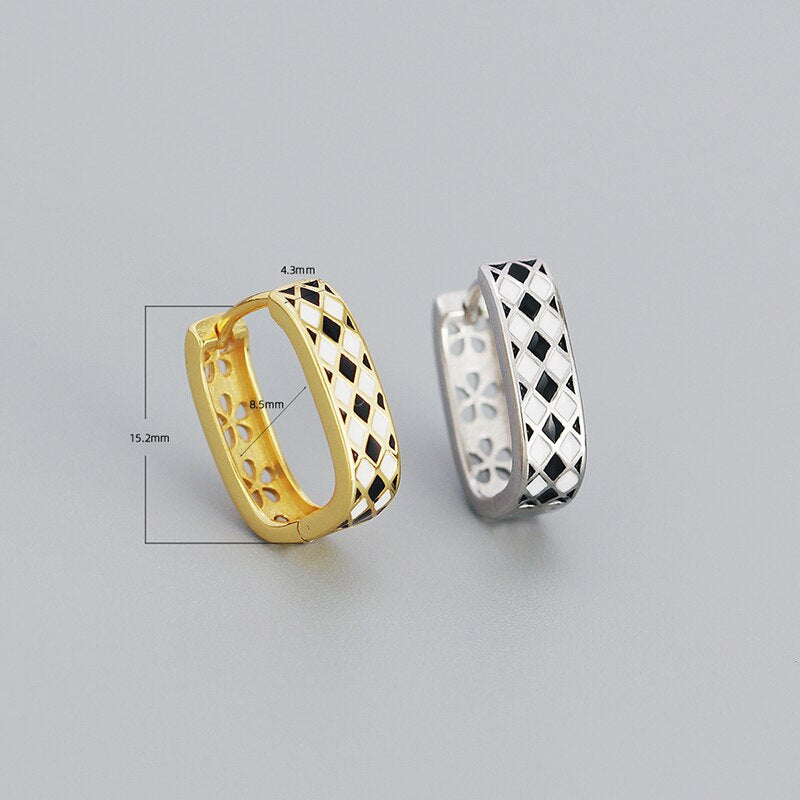 ANYCO Hoop Fashion Earrings Statement Checkerboard Enamel Ear Buckle Women Charms Punk Party Jewelry Gold