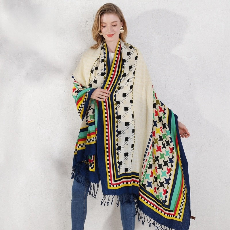 Anyyou 100% Merino Wool Blue Yellow Cab Pattern  Silk Satin Large Winter Scarf Pashmina Shawl Bandana Perfect For Women Ladies Fashion Style