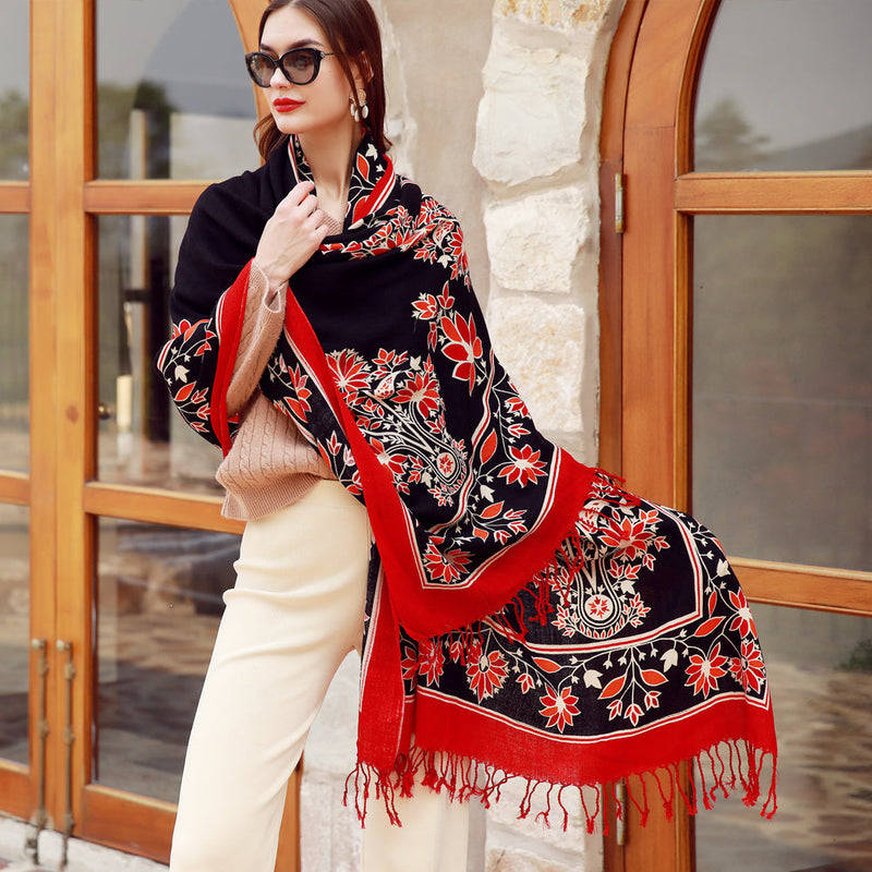 Anyyou 100% Merino Wool Black Red Neck Wrap Silk Satin Large Winter Scarf Pashmina Shawl Bandana Perfect For Women Ladies Fashion Style