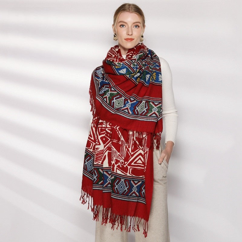 Anyyou 100% Merino Wool Red Aztec Chic  Silk Satin Large Winter Scarf Pashmina Shawl Bandana Perfect For Women Ladies Fashion Style