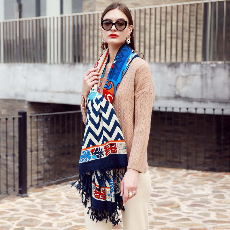 Anyyou 100% Merino Wool Blue Chevron Neck Wrap Silk Satin Large Winter Scarf Pashmina Shawl Bandana Perfect For Women Ladies Fashion Style