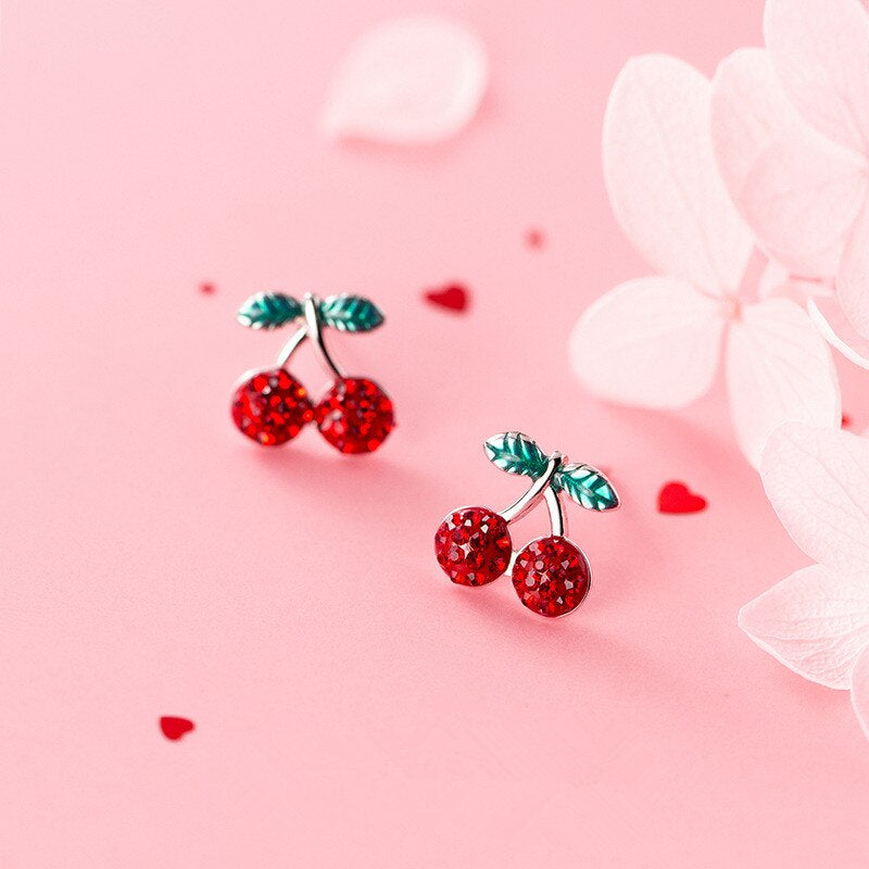 ANYCO Fashion Earrings Genuine Sterling Silver Romantic Sweet Red Zircon Cherry Fruit Studs For Girls Accessory Jewelry