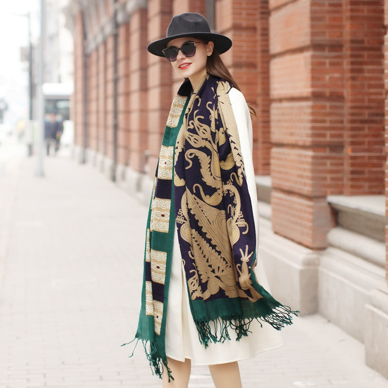 Anyyou 100% Merino Wool Green Archeologic  Silk Satin Large Winter Scarf Pashmina Shawl Bandana Perfect For Women Ladies Fashion Style