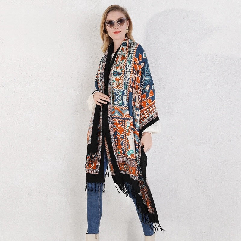 Anyyou 100% Merino Wool Blue Black And Orange  Silk Satin Large Winter Scarf Pashmina Shawl Bandana Perfect For Women Ladies Fashion Style