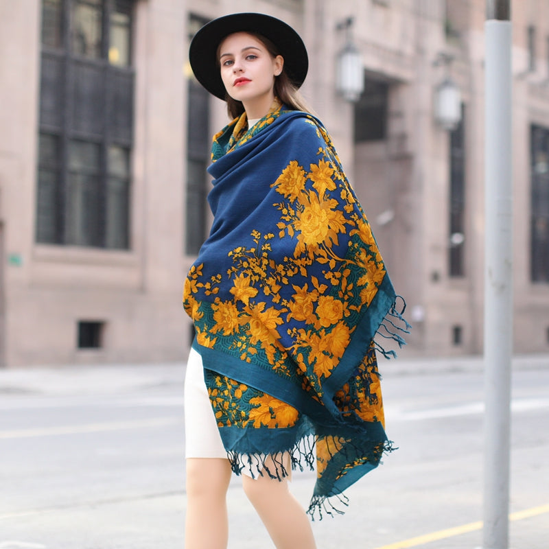 Anyyou 100% Merino Wool Yellow Blue Royal  Silk Satin Large Winter Scarf Pashmina Shawl Bandana Perfect For Women Ladies Fashion Style