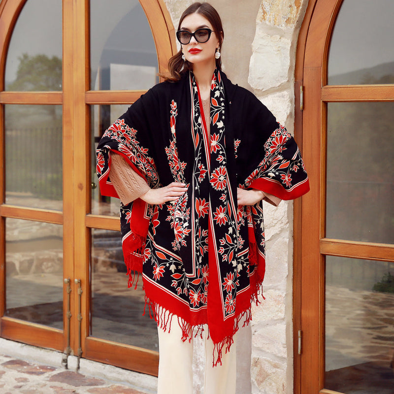 Anyyou 100% Merino Wool Black Red Neck Wrap Silk Satin Large Winter Scarf Pashmina Shawl Bandana Perfect For Women Ladies Fashion Style