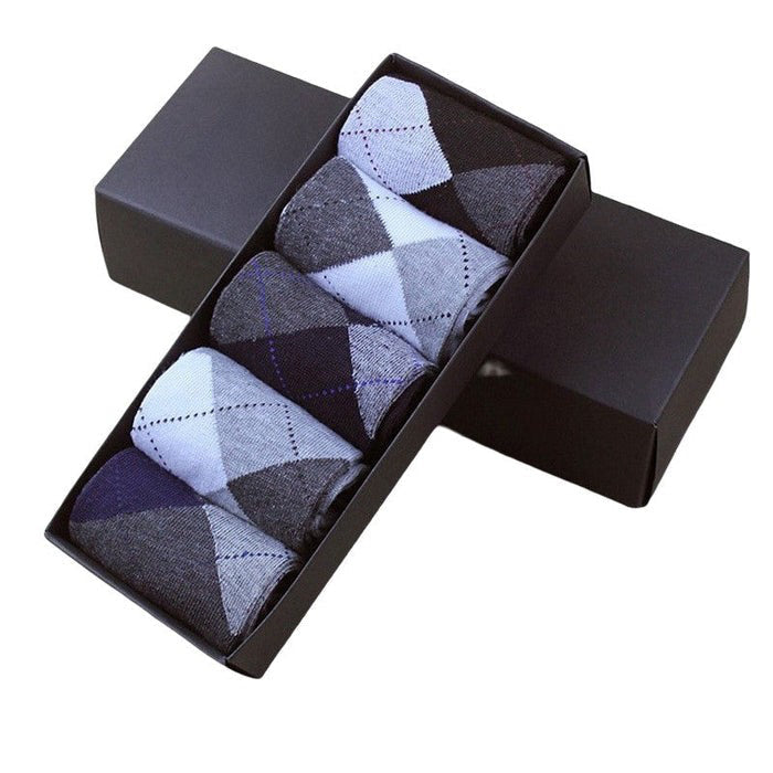 Anyfootwear 5 Pairs Size 6-10 Casual Business Socks High Quality Cotton Breathable Elastic Geometric Design For Men