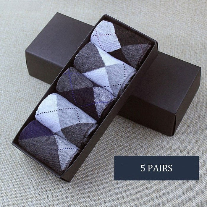 Anyfootwear 5 Pairs Size 6-10 Casual Business Socks High Quality Cotton Breathable Elastic Geometric Design For Men