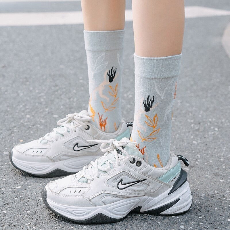 Anyfootwear 5 Pairs Size 5-9 Fashion Socks Combed Cotton Art Abstract Plant Oil Painting Novelty Happy Funny Christmas Gift for Women