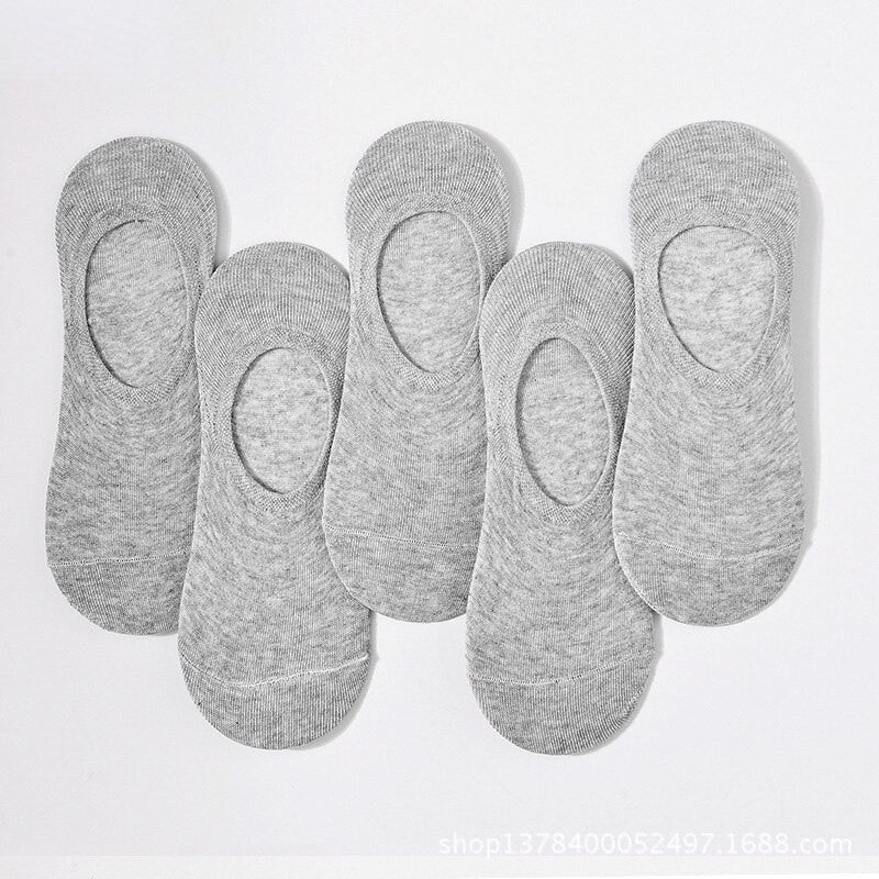 Anyfootwear 5 Pairs Size 4-9 Grey Boat Socks Summer Thin Invisible Cotton Non-Slip Silicone Breathable Pure Color For Men