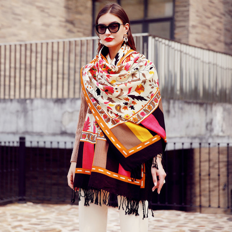 Anyyou 100% Merino Wool Beige Neck Wrap Silk Satin Large Winter Scarf Pashmina Shawl Bandana Perfect For Women Ladies Fashion Style